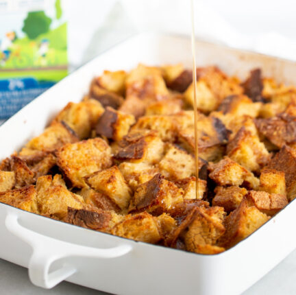 French toast casserole in a white serving dish
